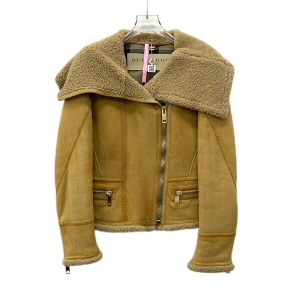 Burberry Brit Womens Brown Shearling Lambskin Jacket Size S 38 Zippered Front &